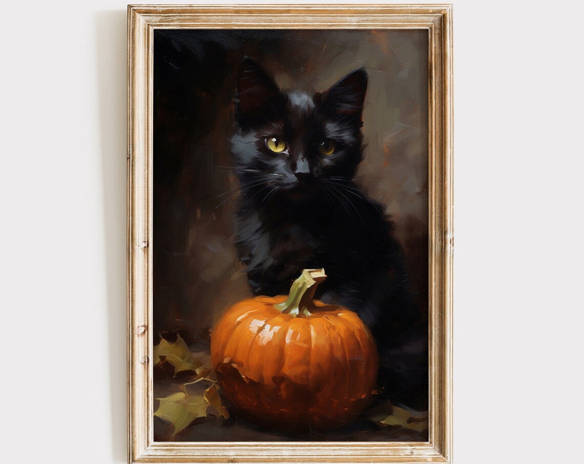 Black Cat Pumpkin Halloween Print, Dark Academia