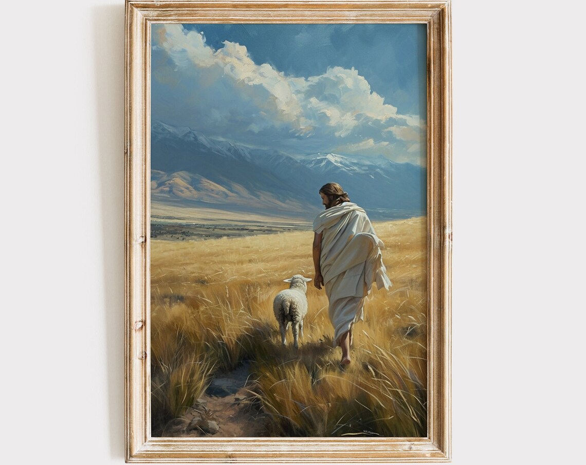 Jesus Good Shepherd With Lamb Golden Field Mountains Christian Art Poster