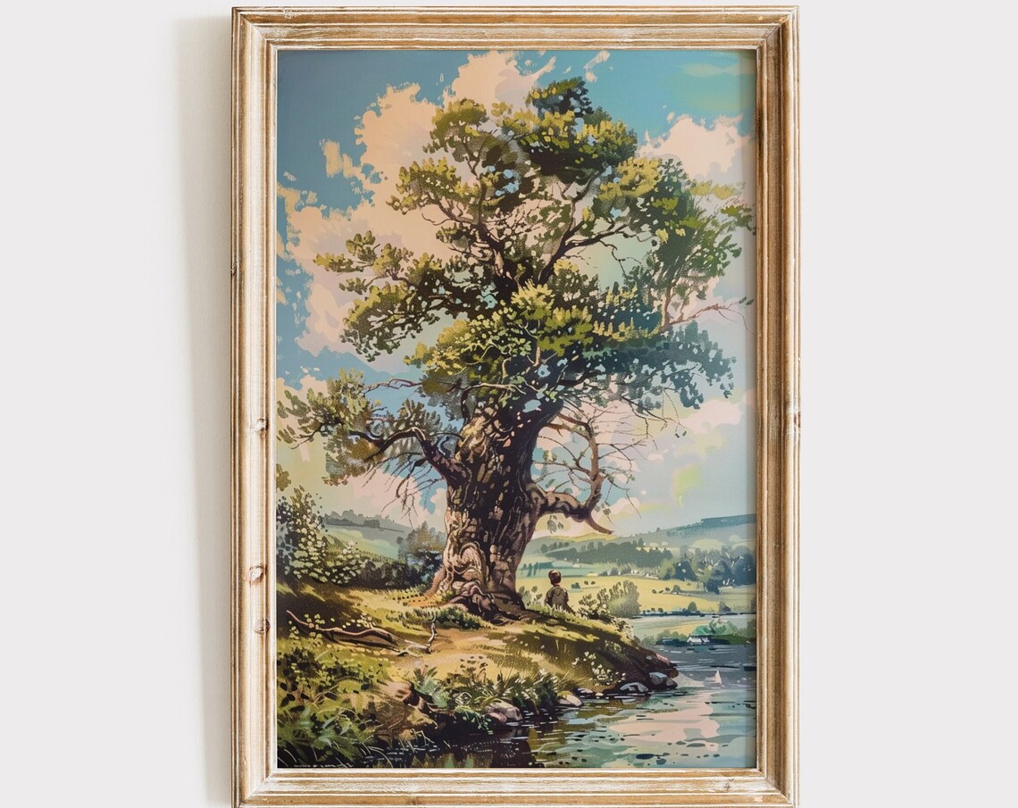 Vintage Boys Room Art Boy Under Tree Painting Wall Art Antique Kids Nursery Decor