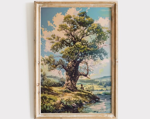 Vintage Boys Room Art Boy Under Tree Painting Wall Art Antique Kids Nursery Decor