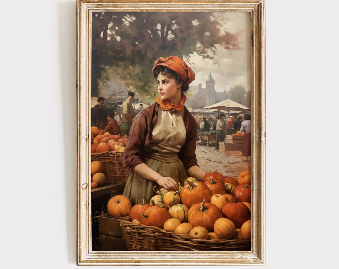 Vintage Fall Rustic Woman Pumpkin Art Print