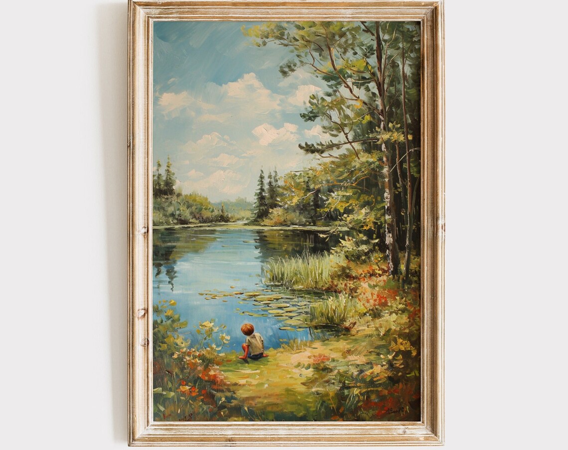 Boy By Pond Vintage Nursery Landscape Art Print