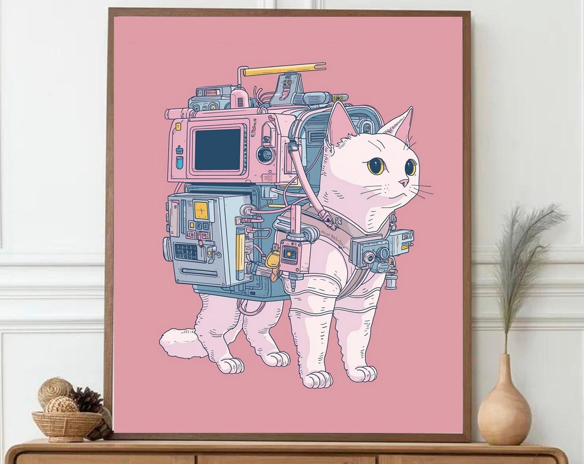 White Cat Cyborg Backpack Pink Pop Sci-Fi Illustration Poster