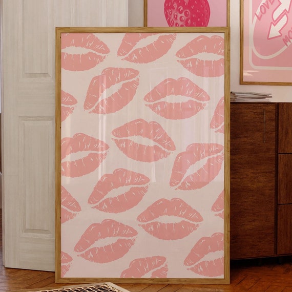 Lip Kiss Poster Retro Preppy Coquette Pink Wall Art Trendy Prints For Bedroom Cute Decor