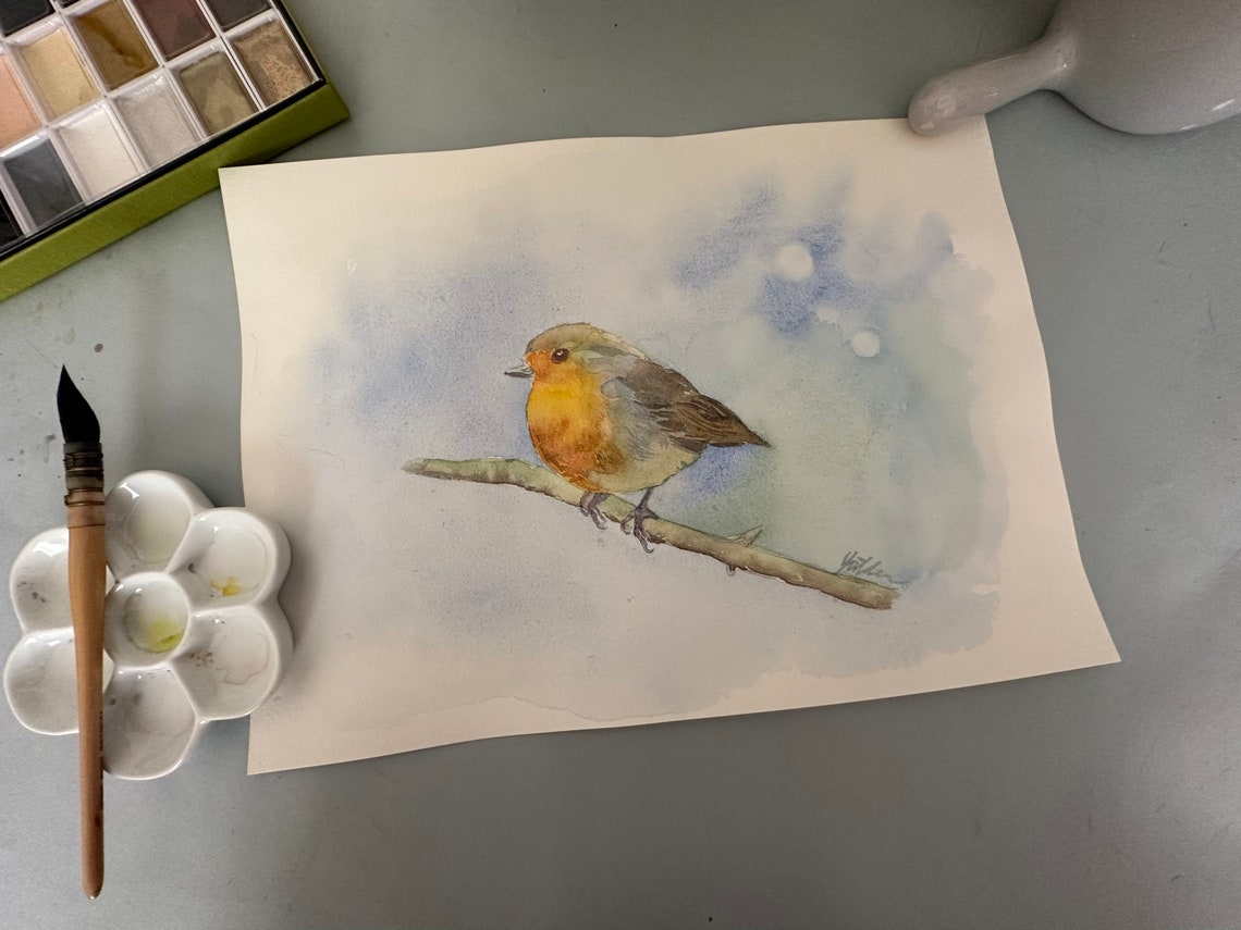 European Robin on Bare Branch Soft Blue Watercolor Garden Poster - Image 4