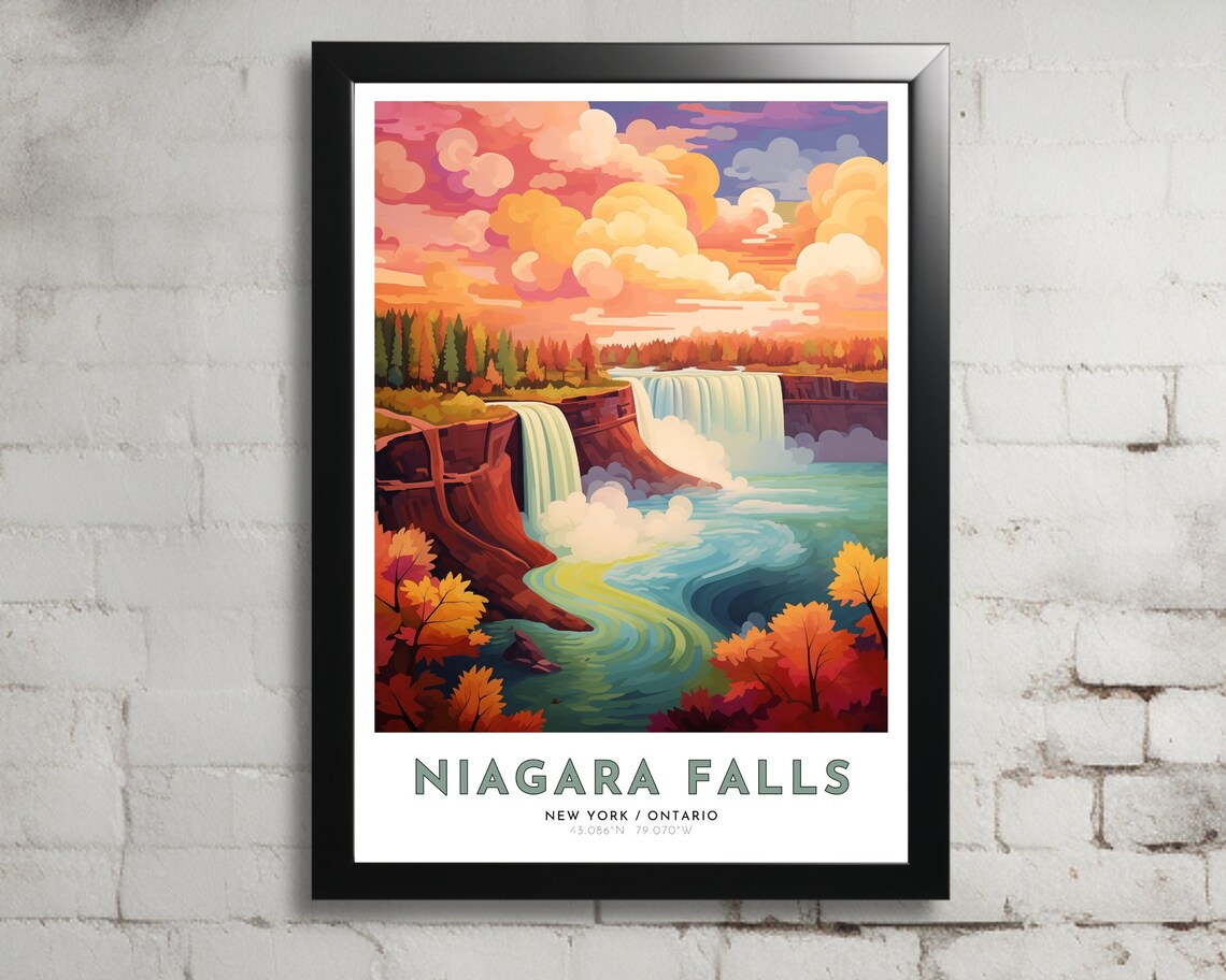Niagara Falls New York Ontario Autumn Waterfall Travel Poster