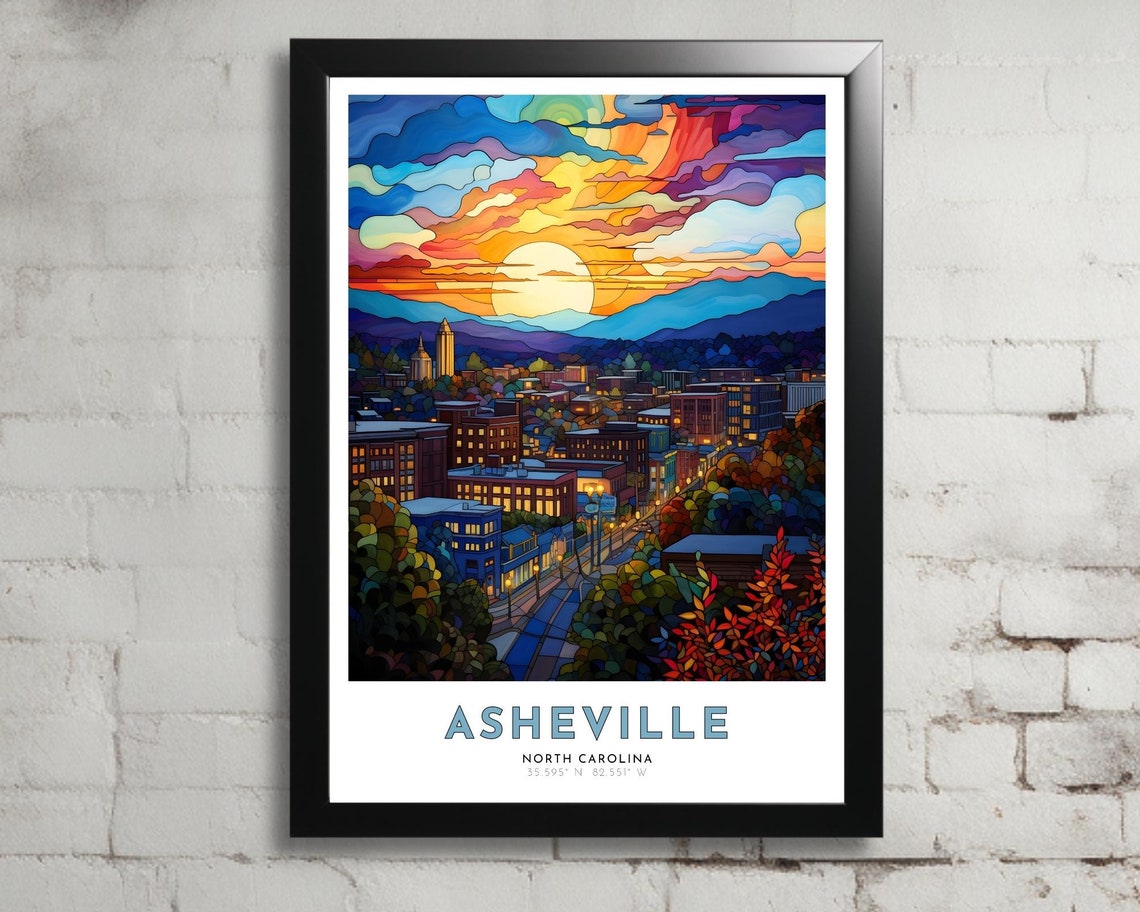 Asheville North Carolina Sunset Mountain Town Skyline Art Poster