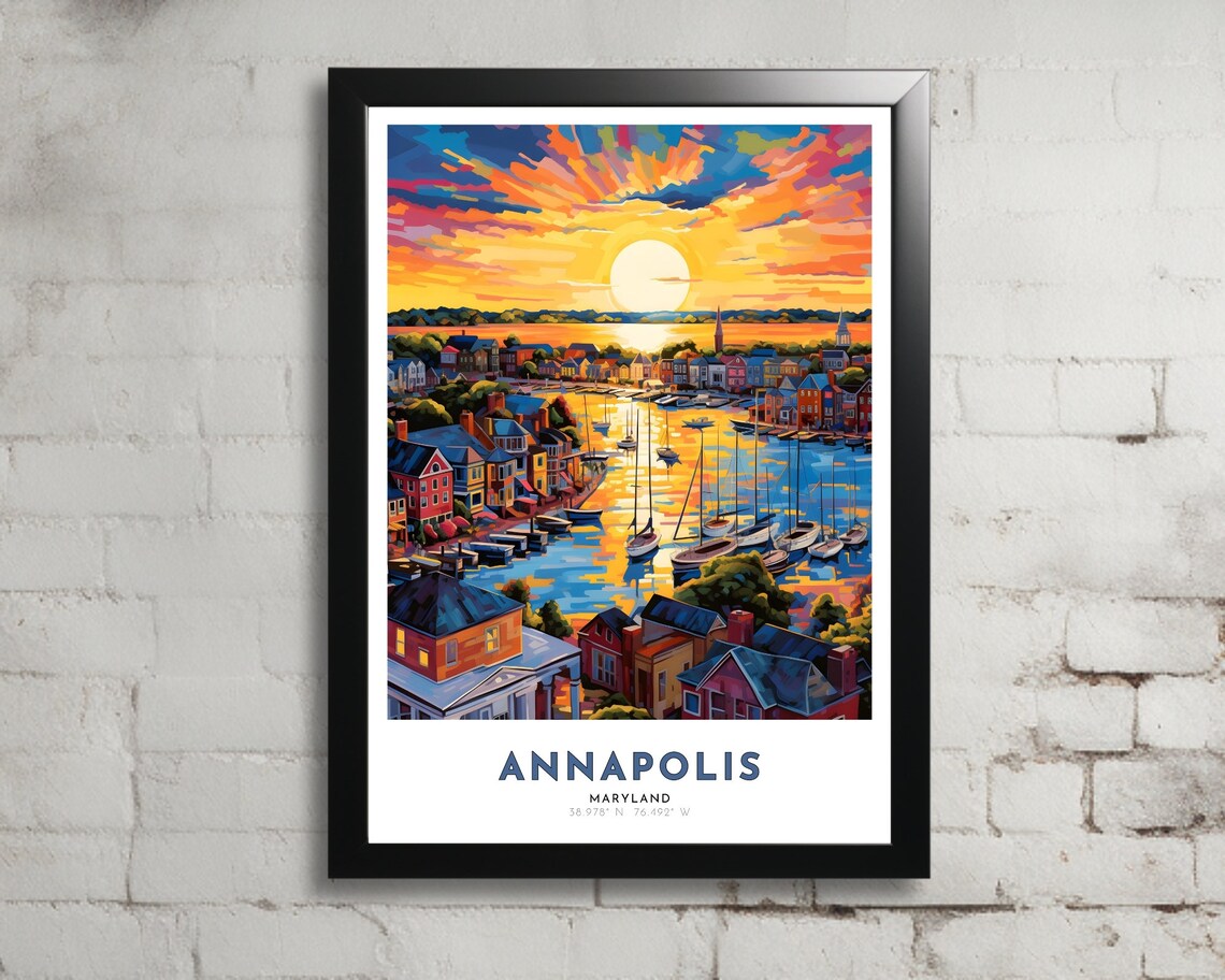 Annapolis Maryland Harbor Sunset Sailboats Colorful Travel Poster