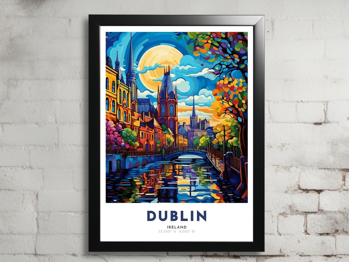 Dublin Ireland River Liffey Moonlight Cathedral Travel Poster