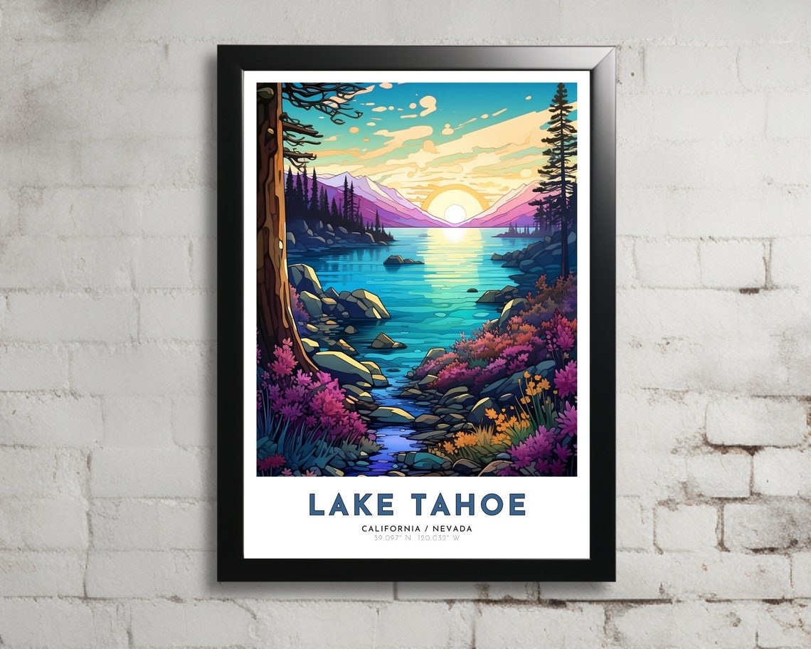 Lake Tahoe Travel Poster Of California Nevada Art Nouveau Gift For Lovers Of Tahoe Wall Art Decor Of Tahoe Painting