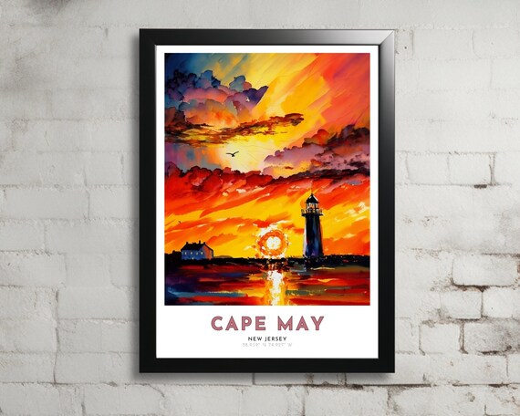 Cape May New Jersey Lighthouse Sunset Ocean Waves Fiery Sky Travel Poster