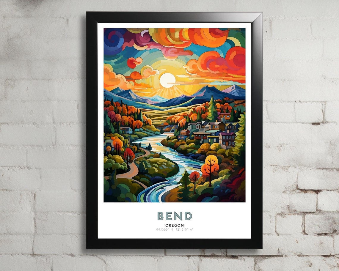 Bend Oregon River Valley Sunset Mountain Town Scene Travel Poster