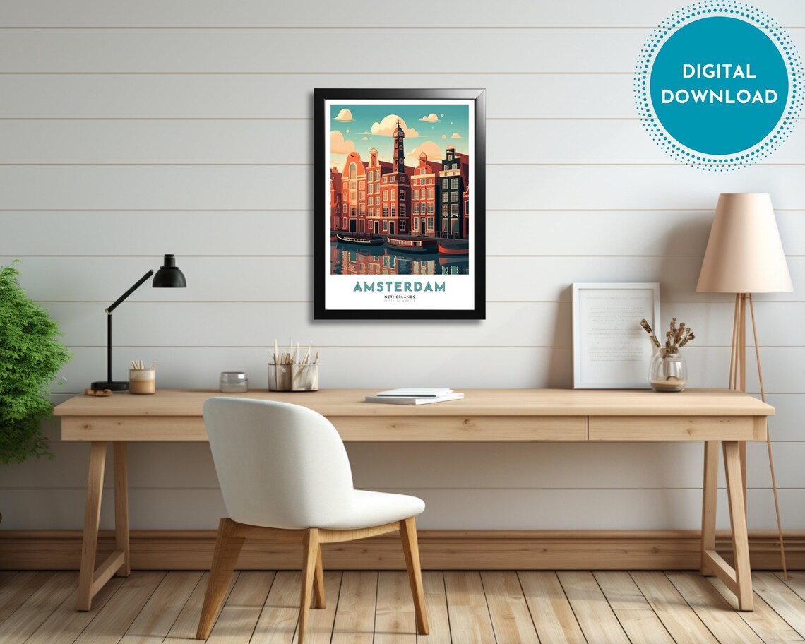 Amsterdam Netherlands Canal Houses Boats Reflection Travel Poster - Image 2