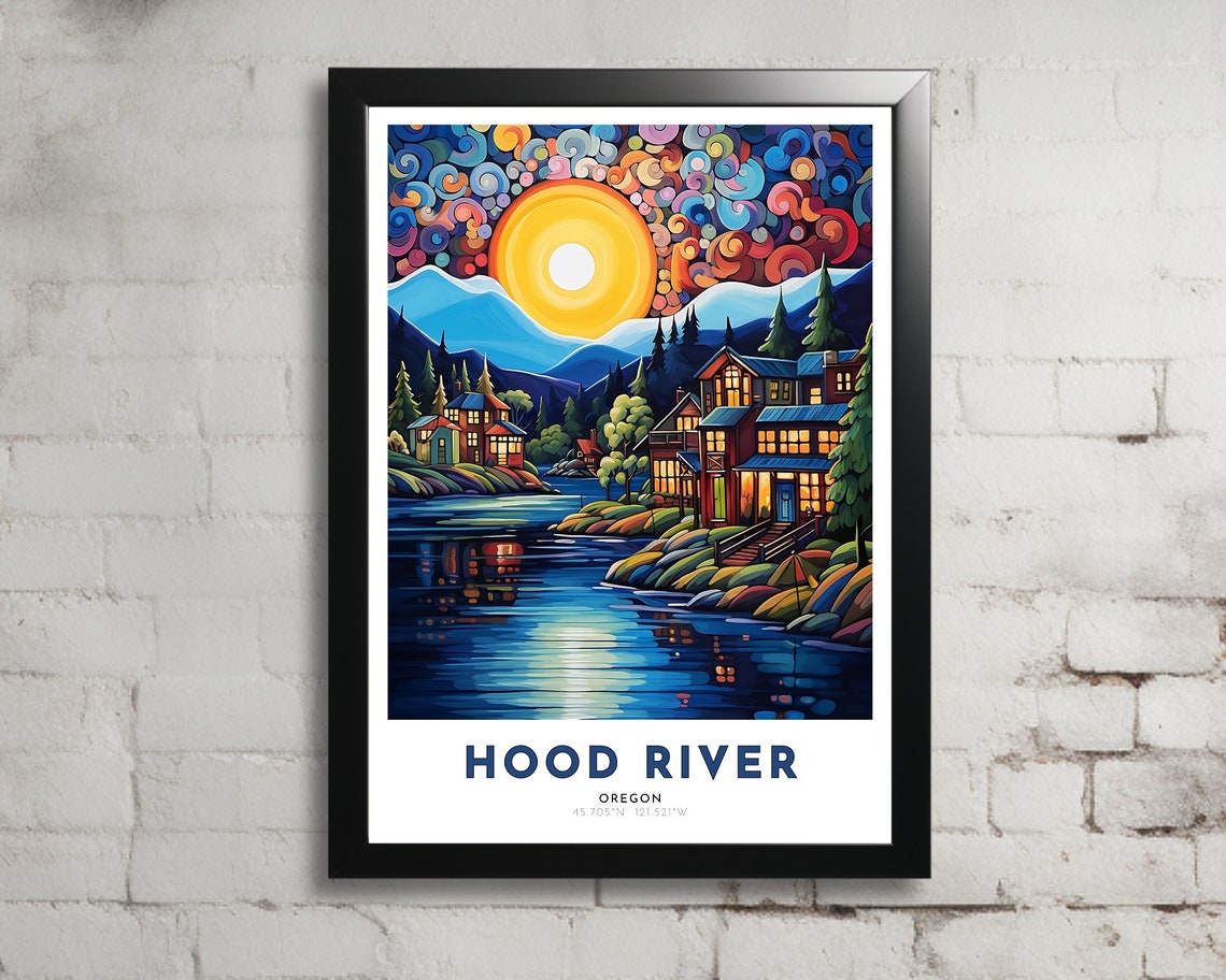 Hood River Travel Poster Of Oregon Art Nouveau Gift For Lovers Of Oregon Wall Art Decor Of Columbia River Painting