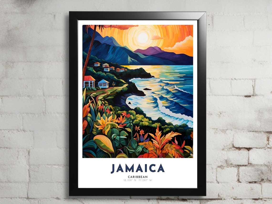 Jamaica Caribbean Sunset Coast Tropical Beach Scene Travel Poster