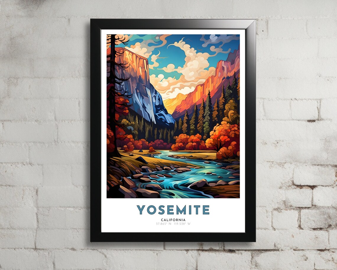 Yosemite California Granite Cliffs Autumn River Art Nouveau Travel Poster