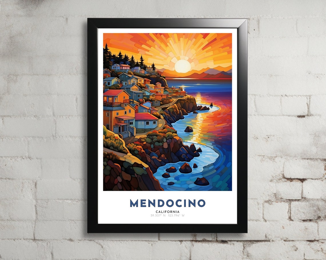 Mendocino California Cliff Coast Sunset Ocean Waves Travel Poster
