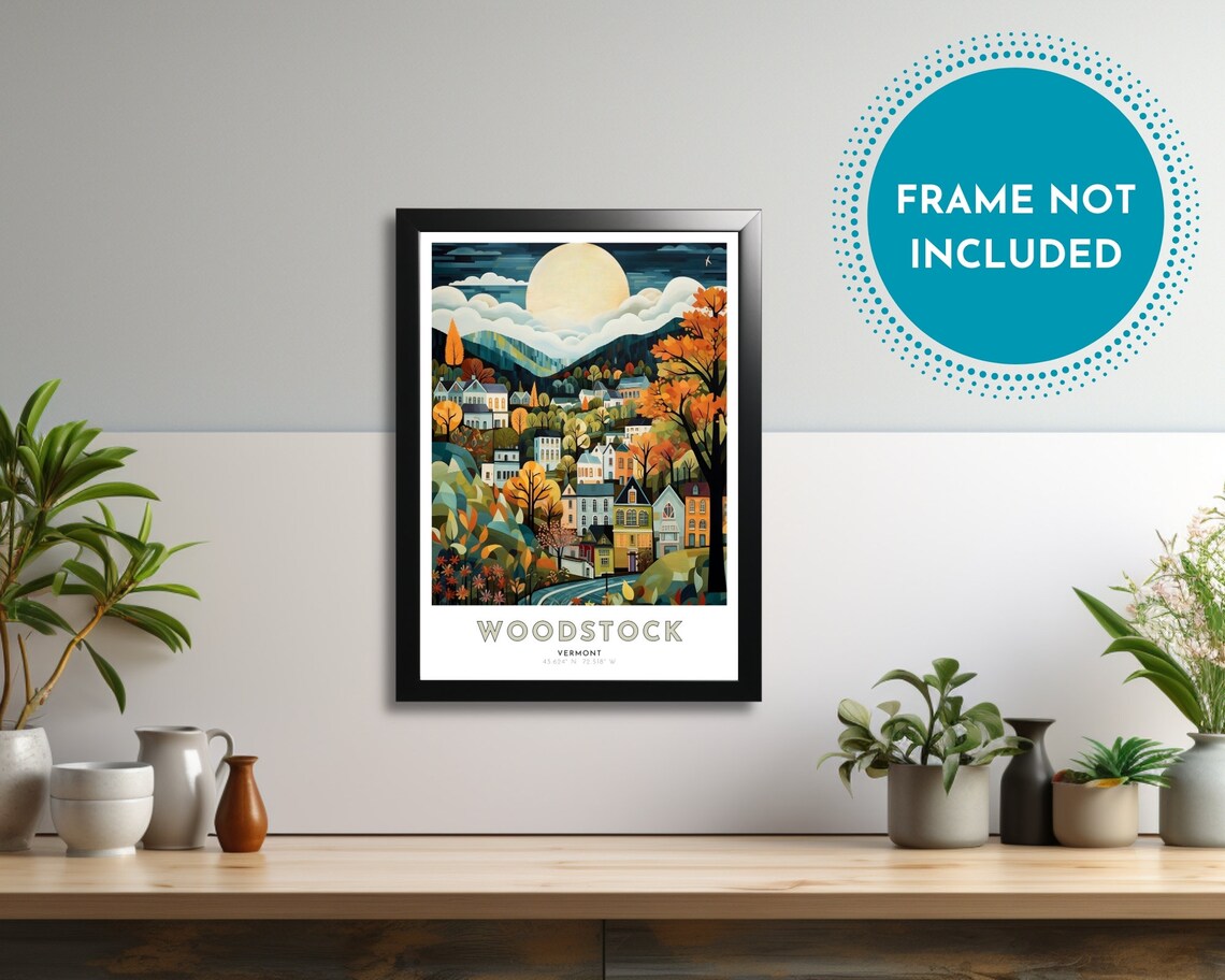 Woodstock Vermont Moonlit Village Autumn Foliage Hills Travel Poster - Image 2