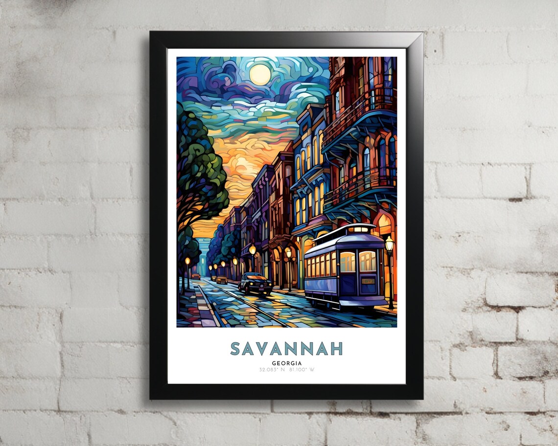 Savannah Georgia Streetcar Dusk Historic Street Night Art Poster