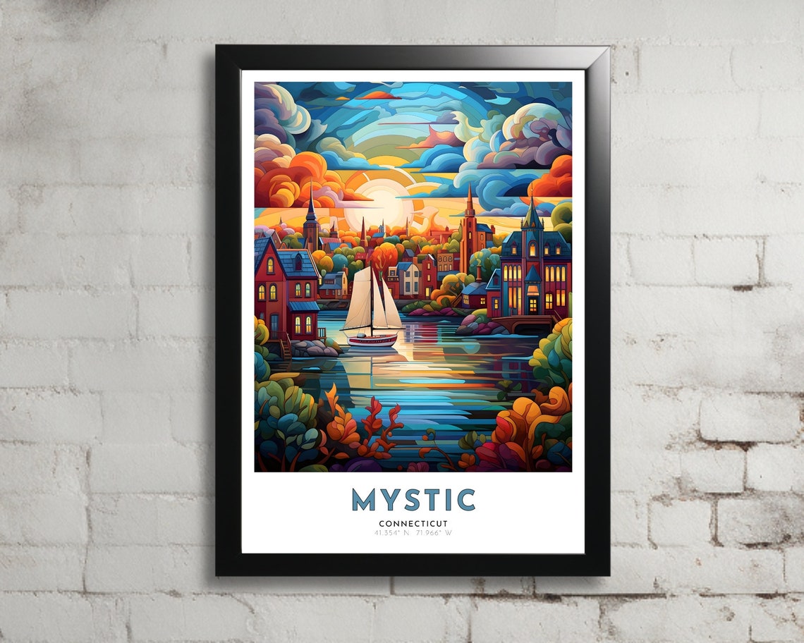 Mystic Travel Poster Of Connecticut Art Nouveau Gift For Lovers Of Mystic Connecticut Wall Art Decor Of Mystic Painting