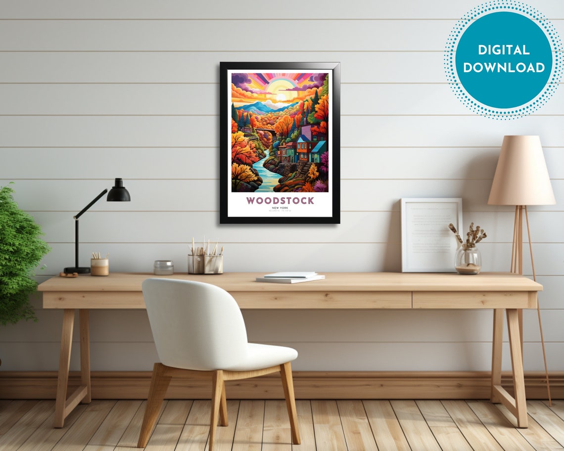 Woodstock Travel Poster Of New York Art Nouveau Gift For Lovers Of Woodstock New York Wall Art Decor Of Hudson Painting - Image 3