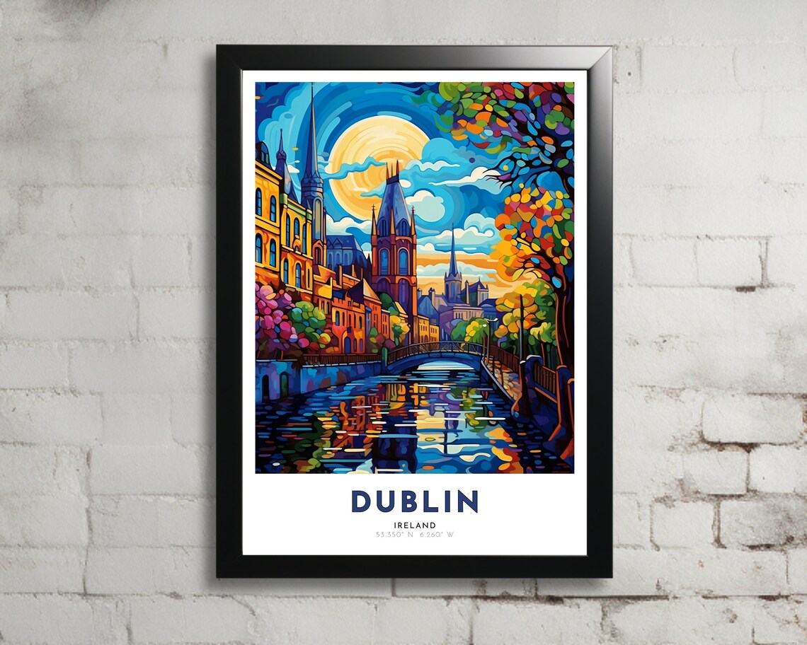 Dublin Ireland Moonlit Canal Historic Towers Travel Art Poster