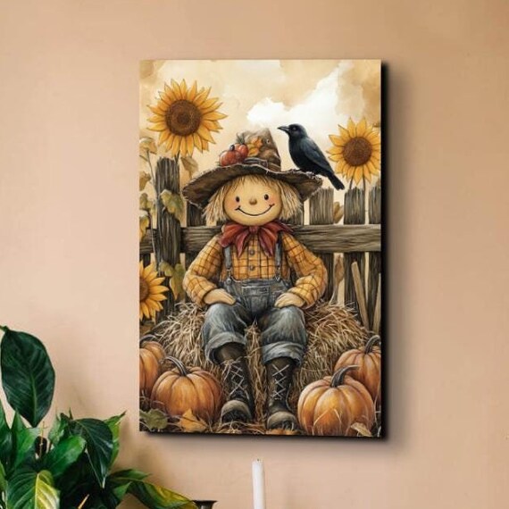 Smiling Scarecrow Boy on Hay Bales With Crow Sunflowers and Pumpkins Poster