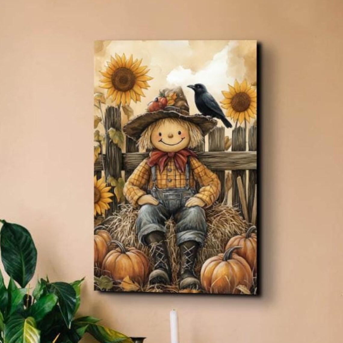Smiling Scarecrow Boy on Hay Bales With Crow Sunflowers and Pumpkins Poster
