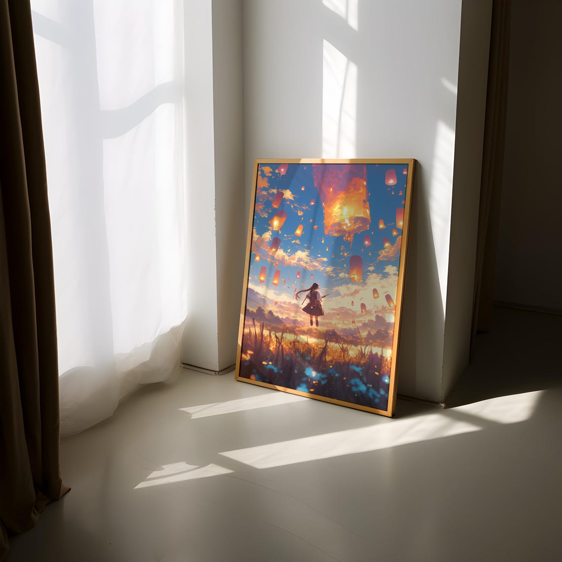 Anime Girl Floating Sky Lanterns Sunset Field Dreamy Lofi Art Poster - Image 2