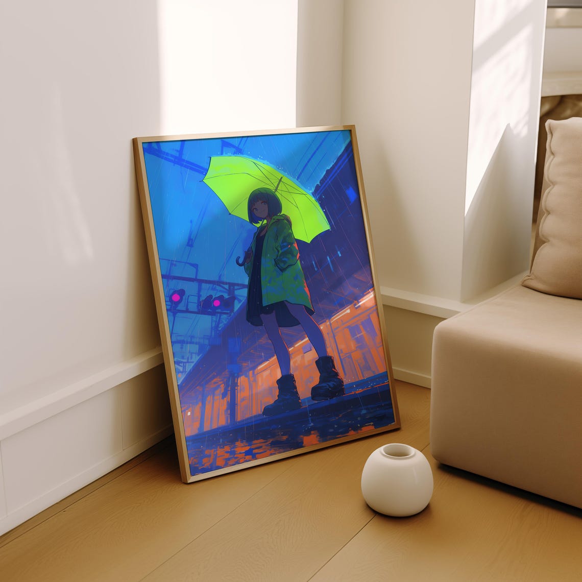 Neon Green Umbrella Anime Girl Bold Rainy City Night Glow Poster - Image 2