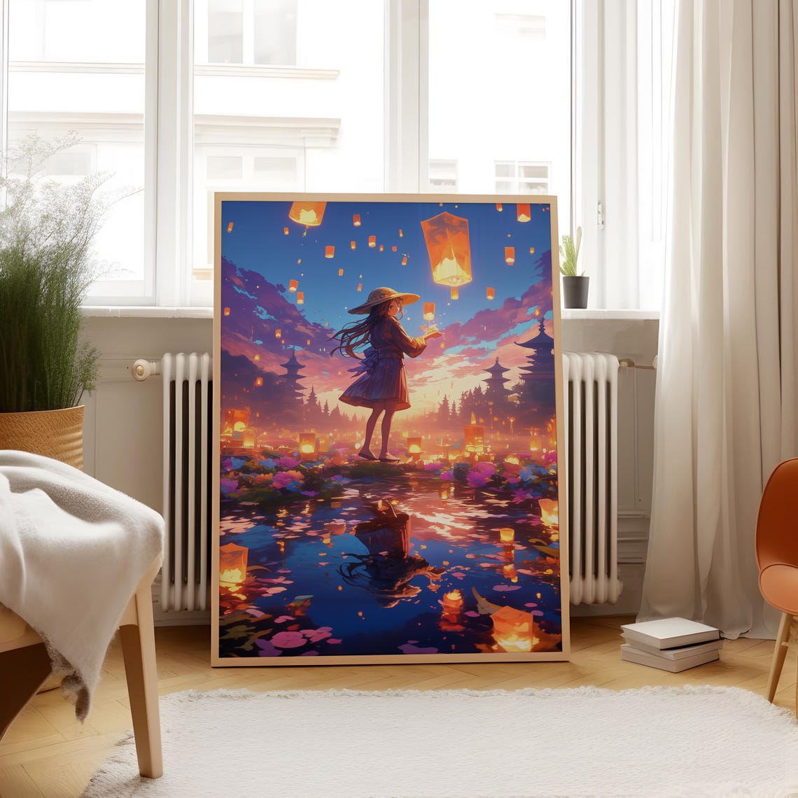 Anime Girl Releasing Glowing Sky Lanterns Over Water at Dusk Poster - Image 4