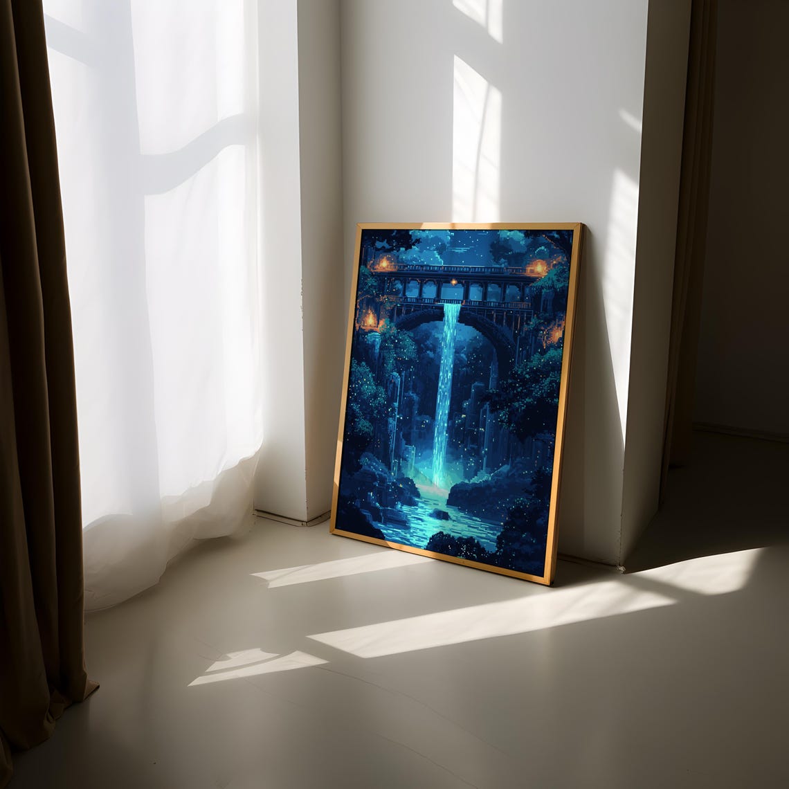 Pixel Art Night Waterfall Stone Bridge Mystical Lanterns Poster - Image 4