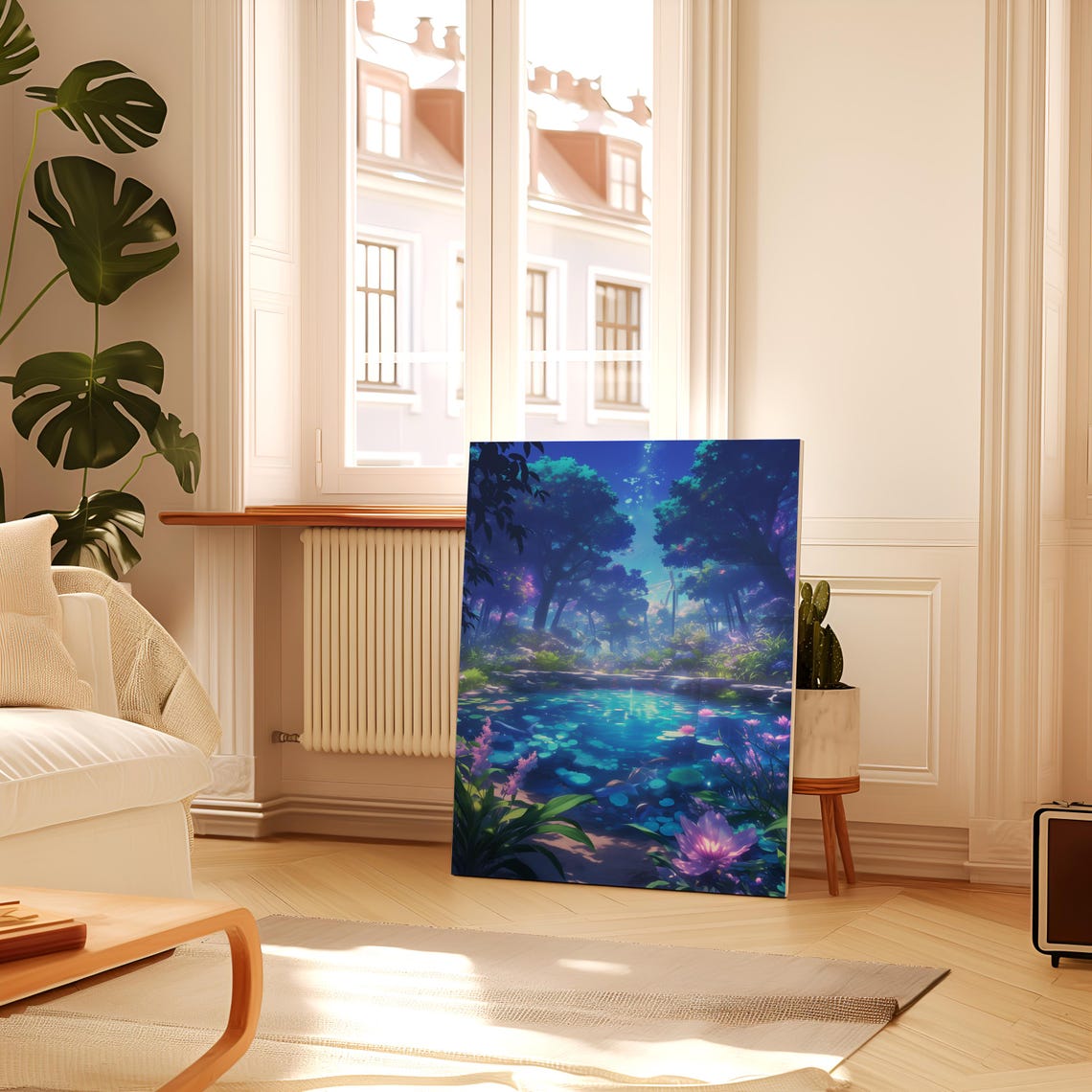 Mystical Glowing Blue Forest Pond at Night With Lily Flowers Poster - Image 2