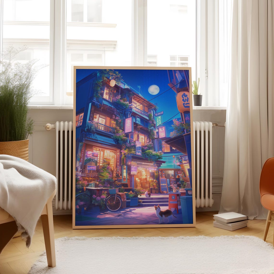 Japanese Street Night Moonlit Lanterns Cat Bicycle Lofi Anime Poster - Image 4