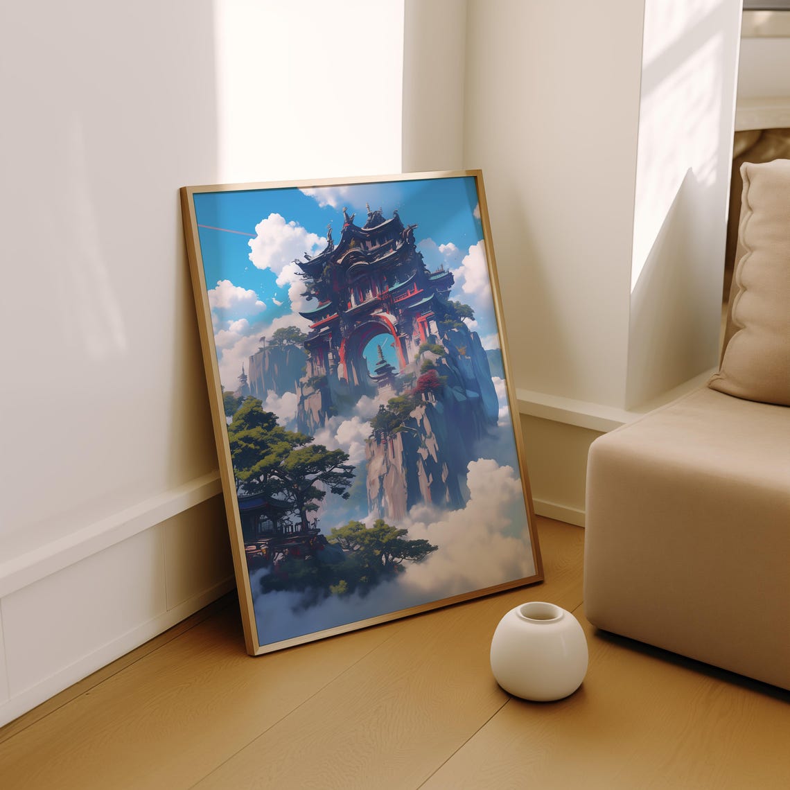 Dark Fantasy Temple Gate on Misty Cliff Above Cloud Sea Poster - Image 2