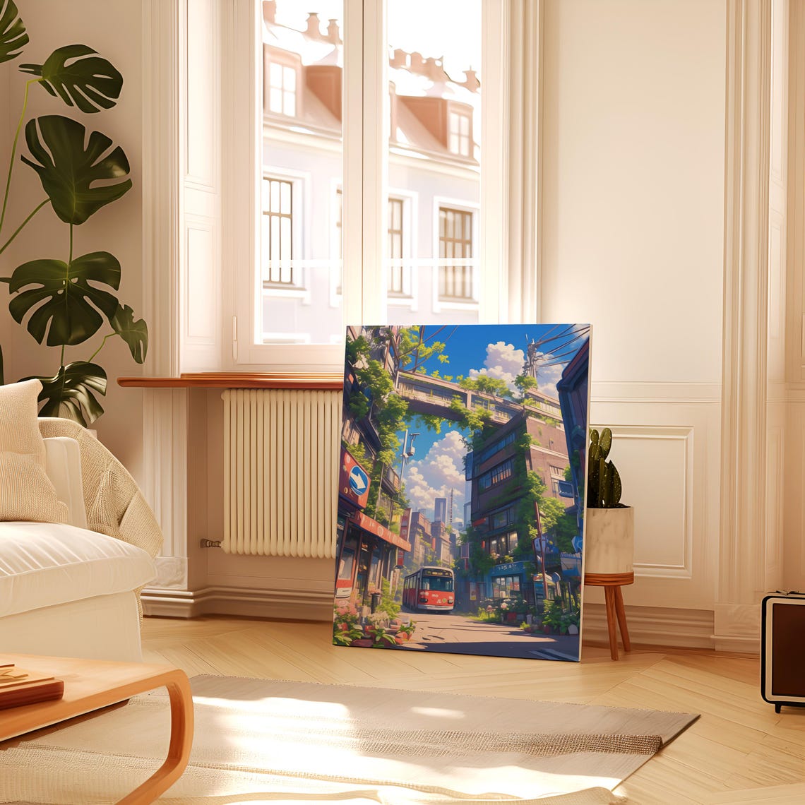 Red Bus on Leafy Vine Covered City Street Anime Scene Poster - Image 3