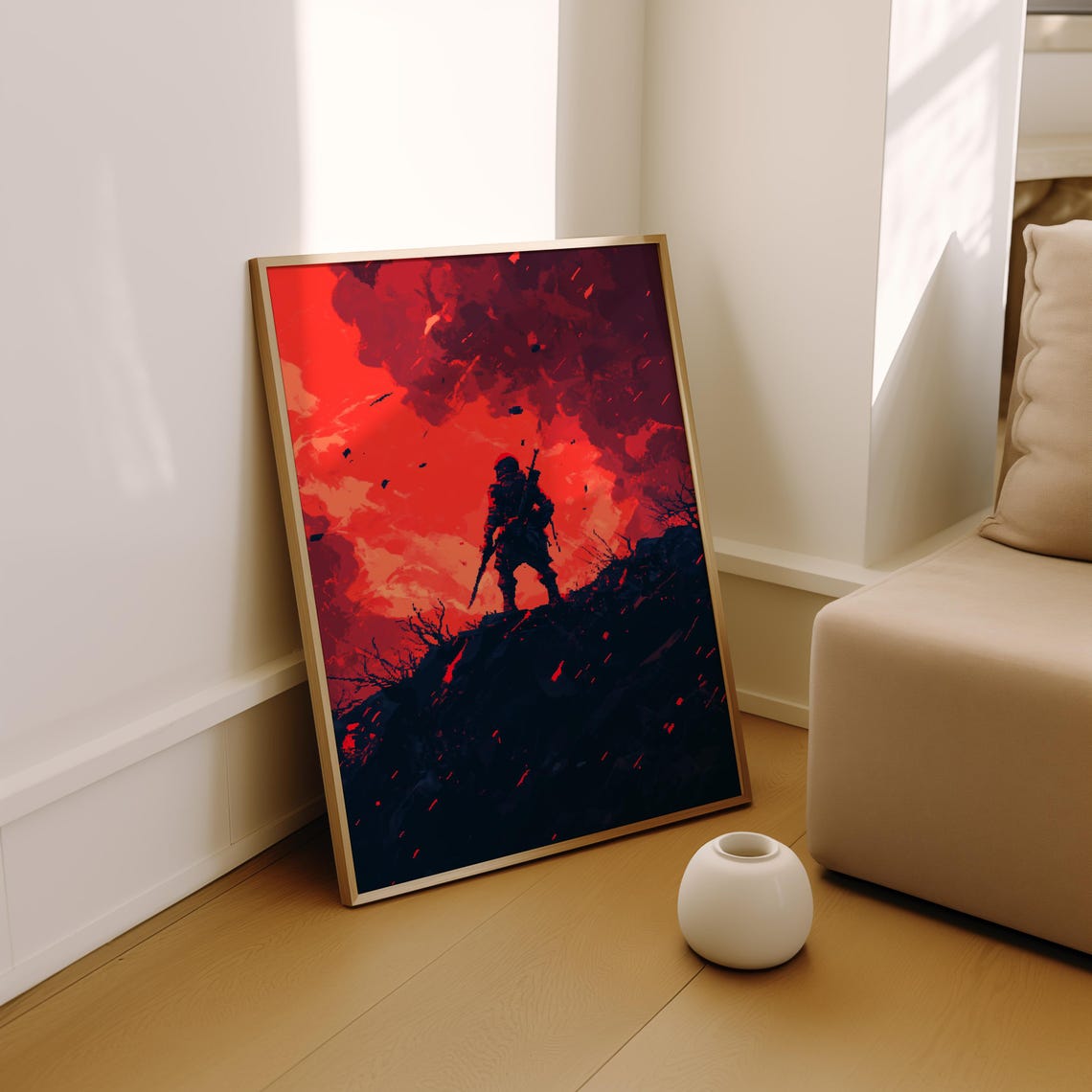 Pixel Art Warrior Red Sky Apocalyptic Soldier Silhouette Art Poster - Image 2