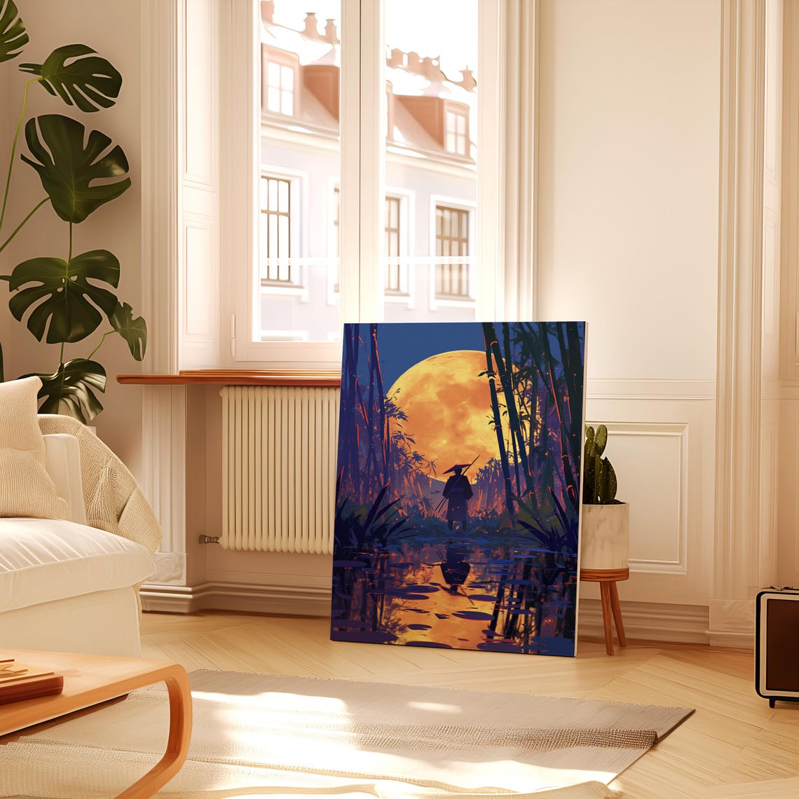 Anime Samurai Bamboo Forest Giant Moon Night Reflection Poster - Image 2