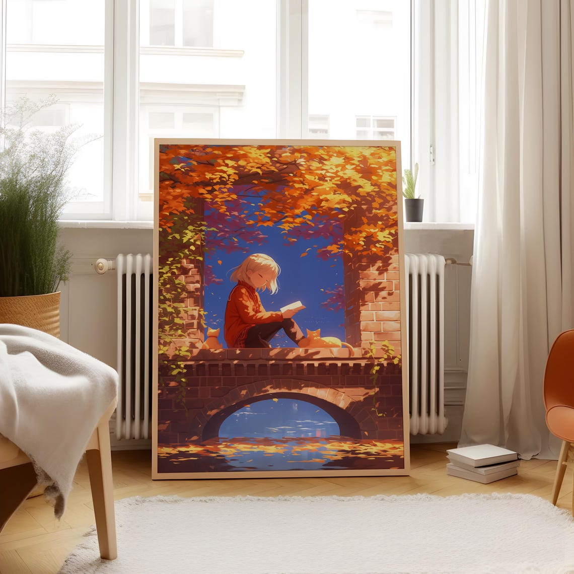 Cozy Anime Girl Reading on Old Stone Bridge in Autumn Poster - Image 4