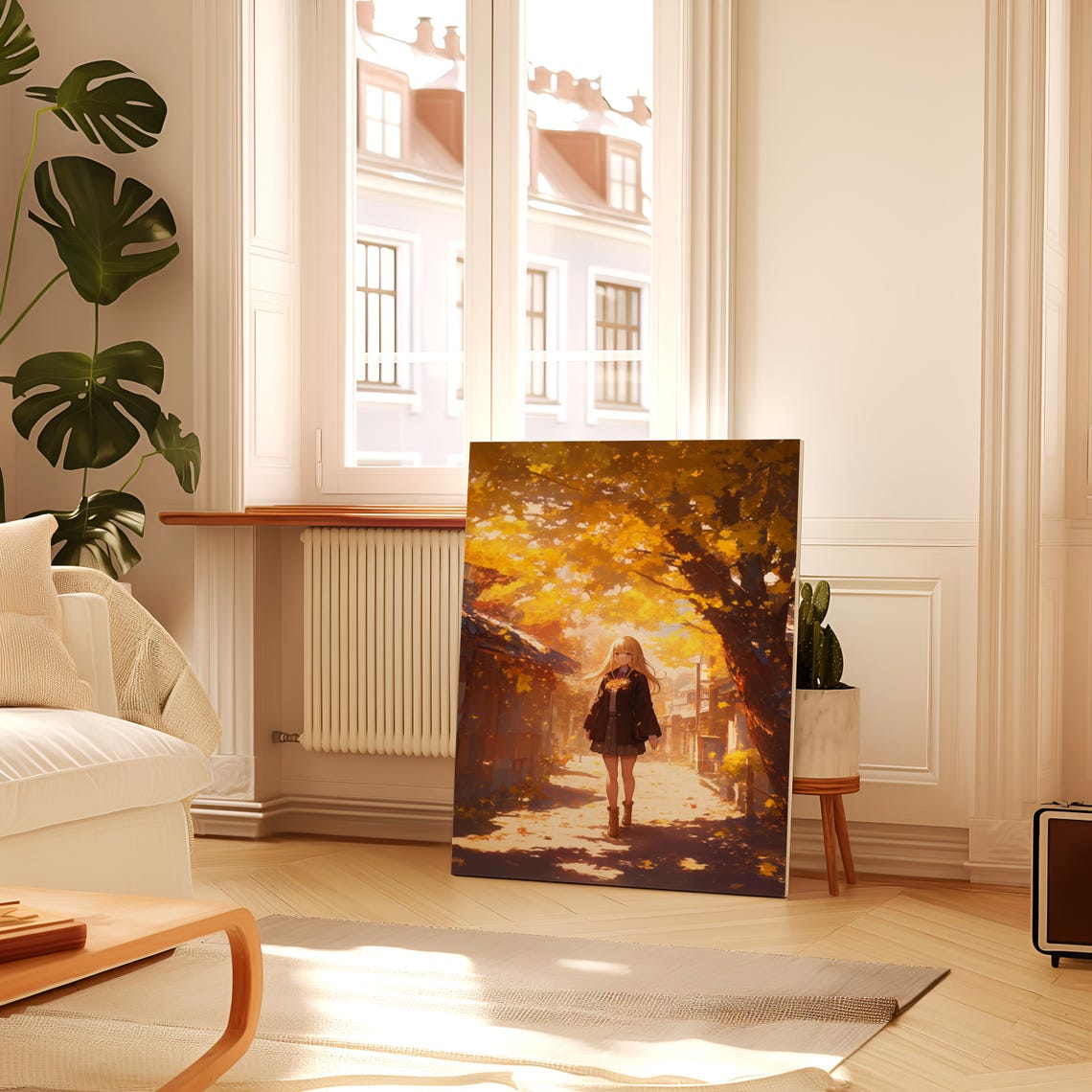 Anime Girl Walking Down Golden Autumn Tree Lined Street Poster - Image 2