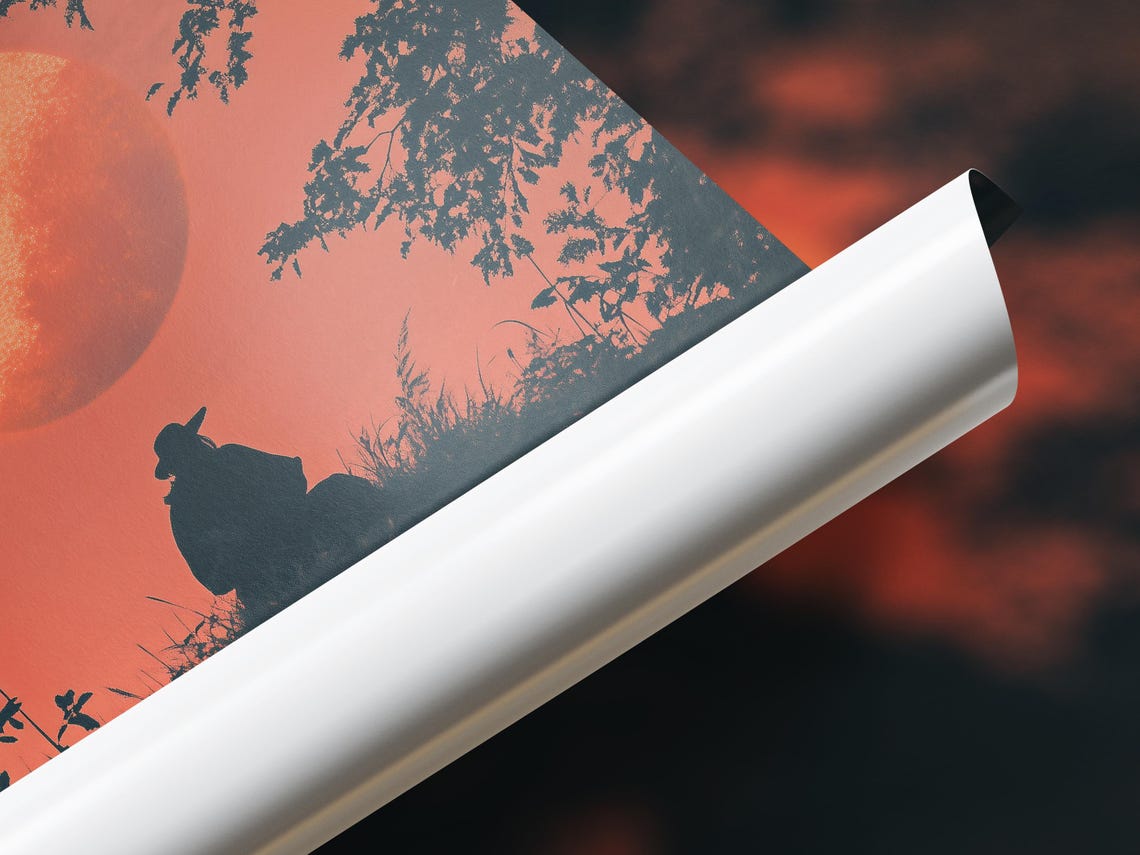 Lone Traveler Red Sun Silhouette Nature Tree Branches Poster - Image 3