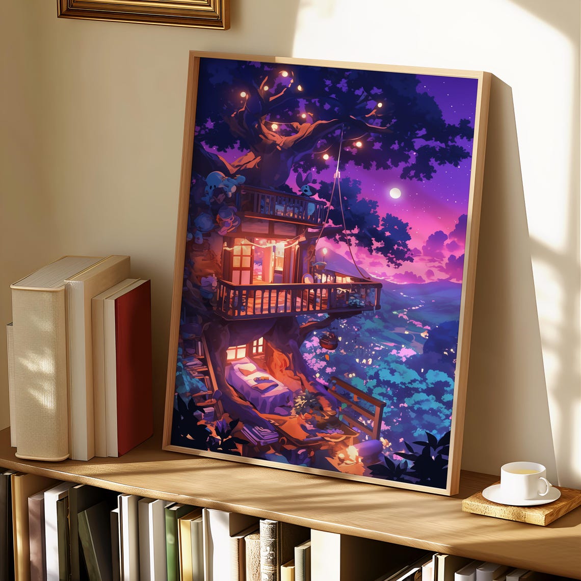 Whimsical Treehouse Night String Lights Moon Valley View Art Poster - Image 3