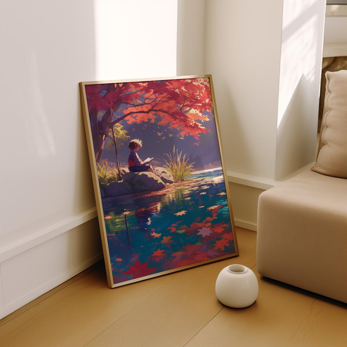 Quiet Cozy Anime Boy Reading Book by Autumn Maple Pond Poster - Image 2