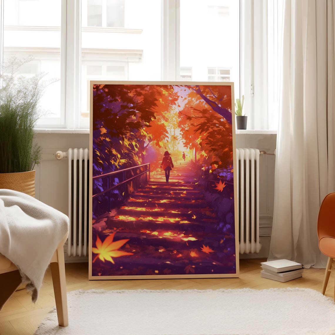 Silhouette Climbing Glowing Autumn Staircase at Sunset Poster - Image 4