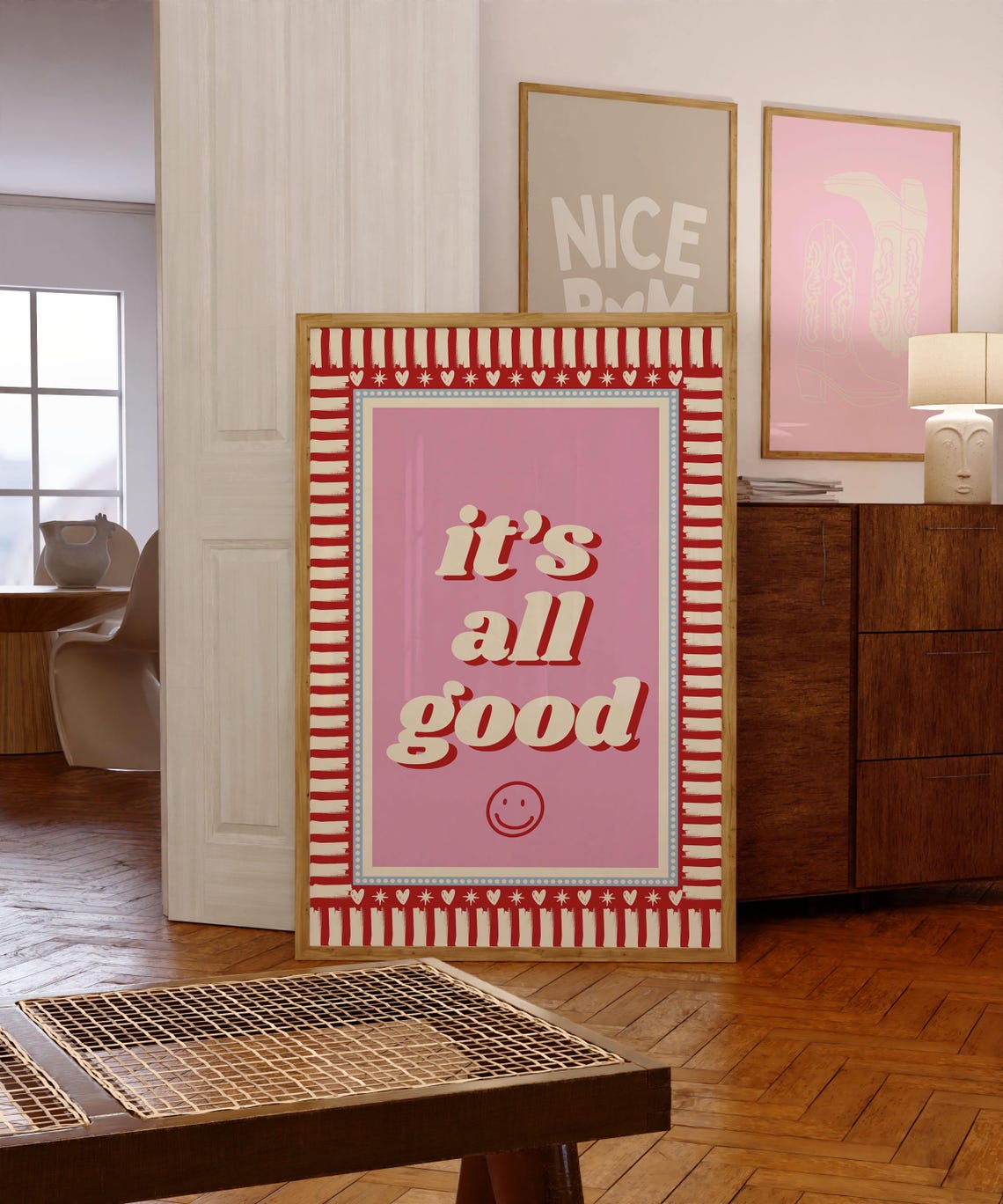 Its All Good Smiley Face Pink Red Retro Happy Quote Wall Poster