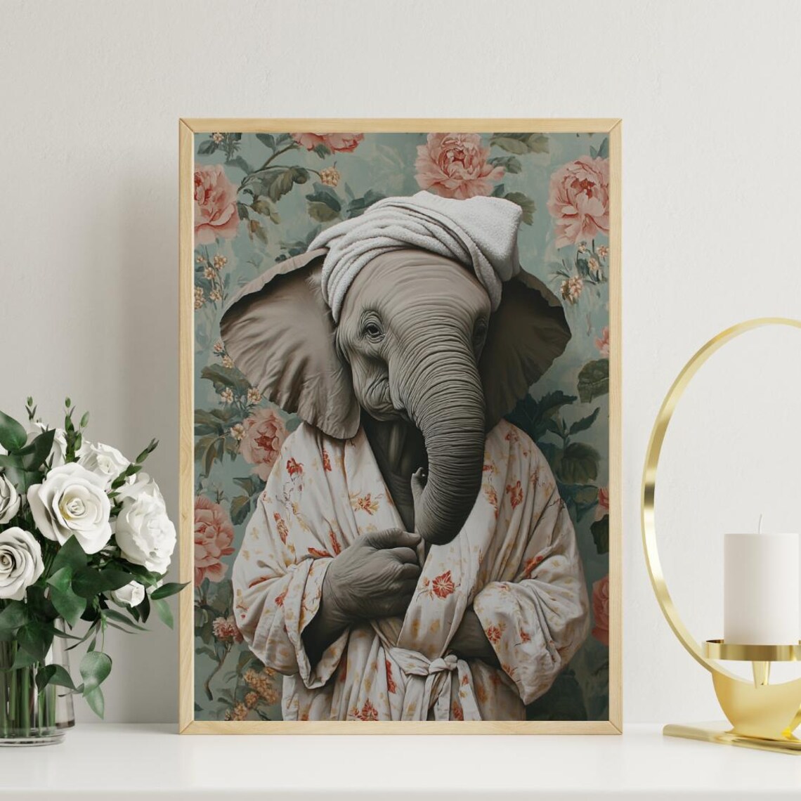 Elephant In Floral Bathrobe With Towel Turban Funny Animal Poster - Image 3