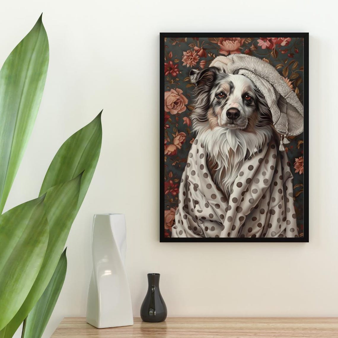 Fluffy Australian Shepherd Dog in Bathrobe Fun Spa Day Art Poster - Image 2