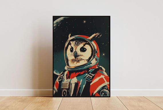 Owl Astronaut Poster Owl Retro Print Owl Portrait Animal Retro Space Poster Funny Animal Poster Andy Warhol Poster Vintage Poster