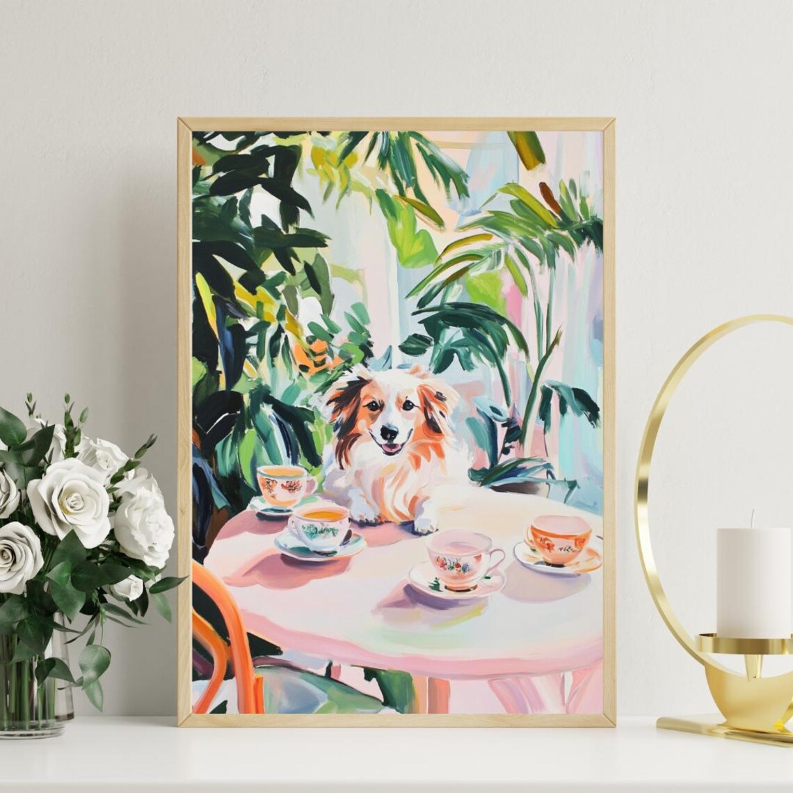 Collie Dog Garden Tea Party Pastel Oil Painting Style Poster - Image 3