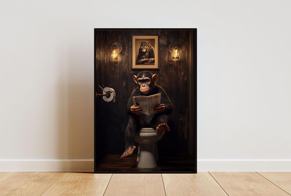 Monkey On Toilet Reading Newspaper Funny Bathroom Animal Poster